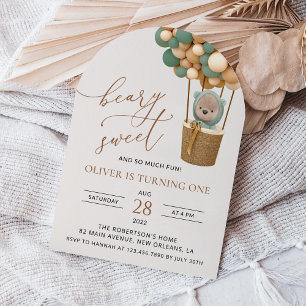 Cute Bear, Green Balloons, First Birthday Invitation
