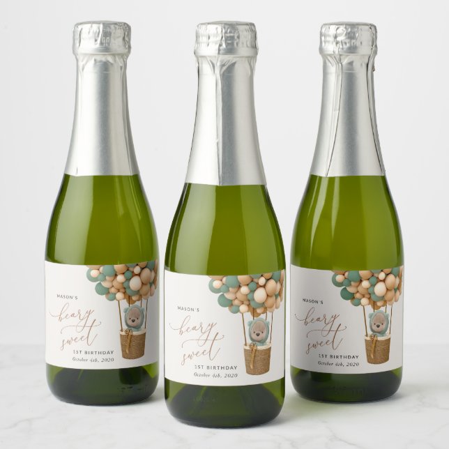 Cute Bear, Green Balloons, First Birthday Sparkling Wine Label (Bottles)