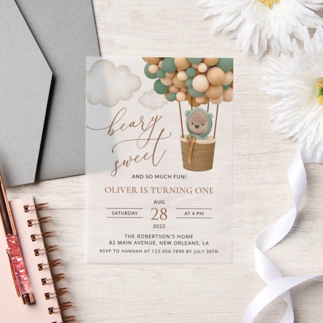 Cute Bear, Green Balloons, First Birthday Vellum Invitations (Wedding)