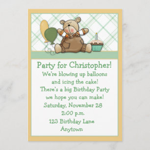 Cute Bear Green Birthday Invitation