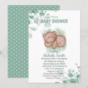 Cute Bear Green White Baby Shower Invitation