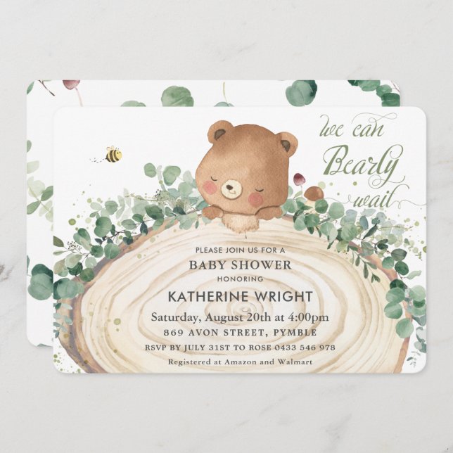 Cute Bear Greenery Gender Neutral Baby Shower Invi Invitation (Front/Back)