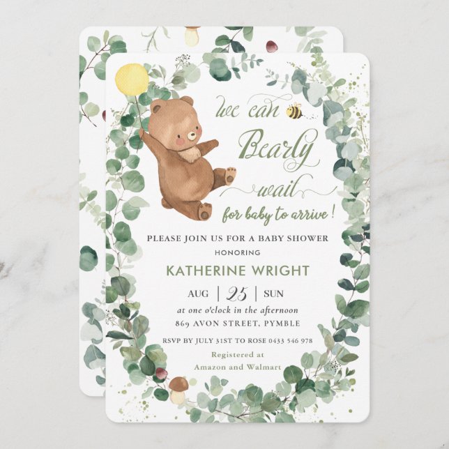 Cute Bear Greenery Gender Neutral Baby Shower Invitation (Front/Back)