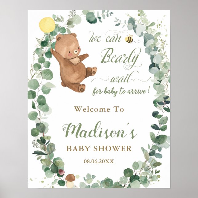 Cute Bear Greenery Gender Neutral Shower Welcome Poster (Front)