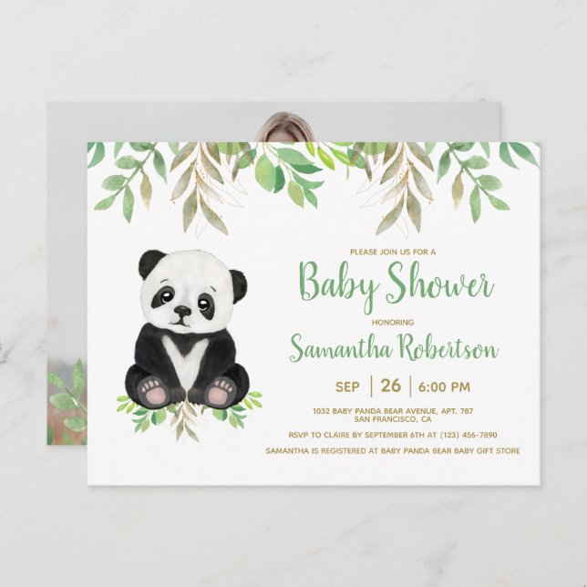 Cute Bear Greenery Watercolor Gender Neutral Photo Invitation Postcard (Front/Back)