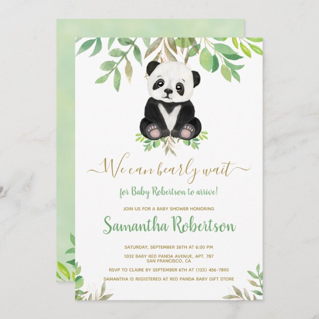 Cute Bear Greenery we can bearly wait baby shower Invitation (Front/Back)