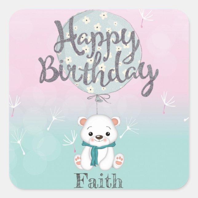 Cute Bear Happy Birthday Custom  Square Sticker (Front)