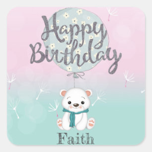 Cute Bear Happy Birthday Custom Square Sticker