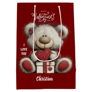 Cute Bear Happy Valentines Day Custom Name  Medium Gift Bag