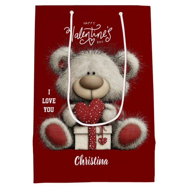 Cute Bear Happy Valentines Day Script Name  Medium Gift Bag (Back)