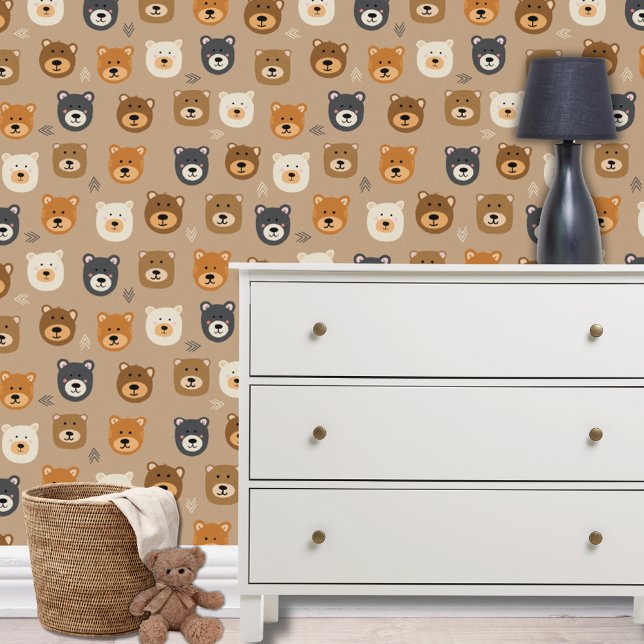 Cute bear head kids pattern wallpaper (Cute woodland forest bear head kids wallpaper for boys bedroom, nursery or playroom.)