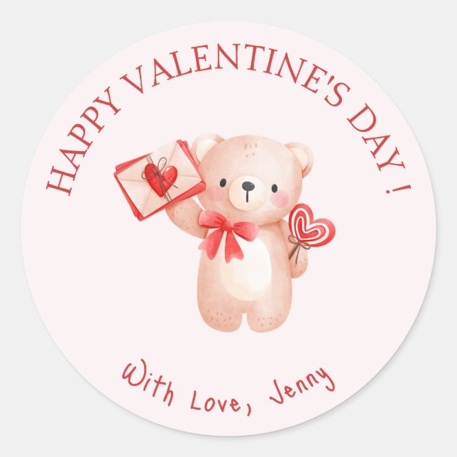 Cute Bear Heart Happy Valentine's Day Classic Round Sticker (Front)