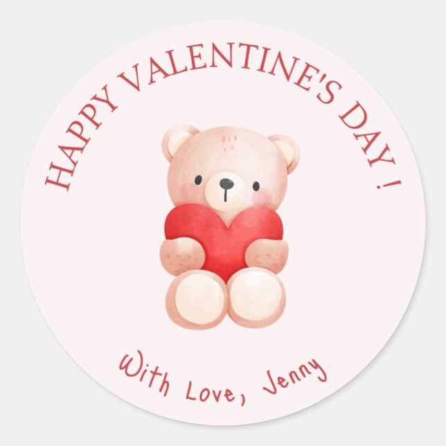 Cute Bear Heart Happy Valentine's Day Classic Round Sticker (Front)