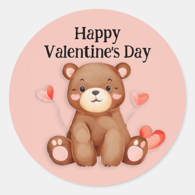 Cute Bear Hearts Balloons Happy Valentine's Day Classic Round Sticker (Front)
