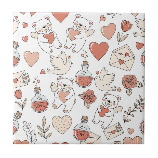 Cute Bear Hearts Valentine Pattern Ceramic Tile (Front)
