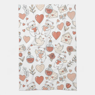 Cute Bear Hearts Valentine Pattern Tea Towel