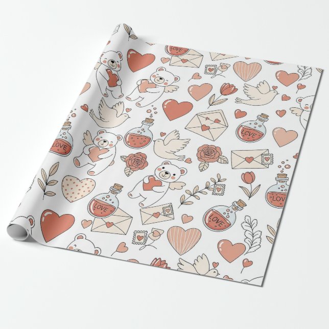 Cute Bear Hearts Valentine Pattern Wrapping Paper (Unrolled)