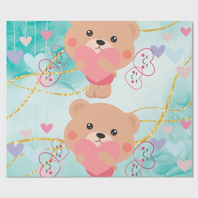 Cute Bear & Hearts Wrapping Paper (Flat)