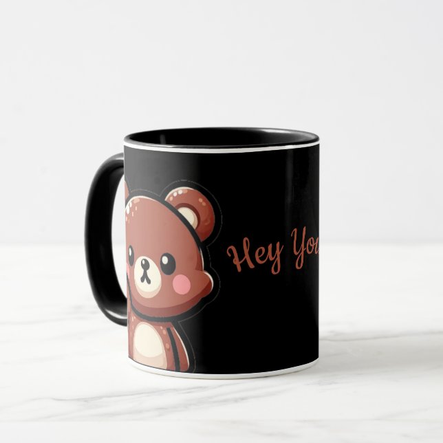 Cute Bear Hey You Mug | Kawaii Black Coffee Cup (Front Left)