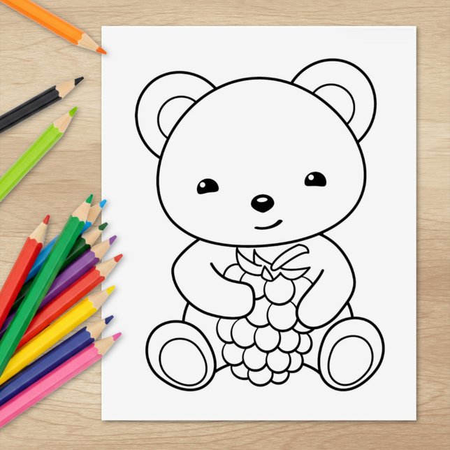 Cute Bear Holding a Berry Colouring Page Rubber Stamp (Creator Uploaded)