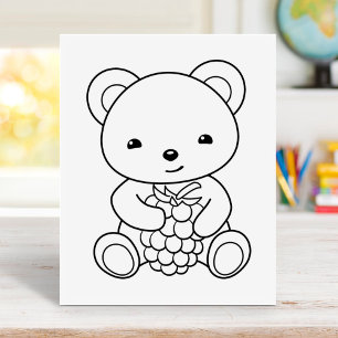 Cute Bear Holding a Berry Colouring Page Rubber Stamp