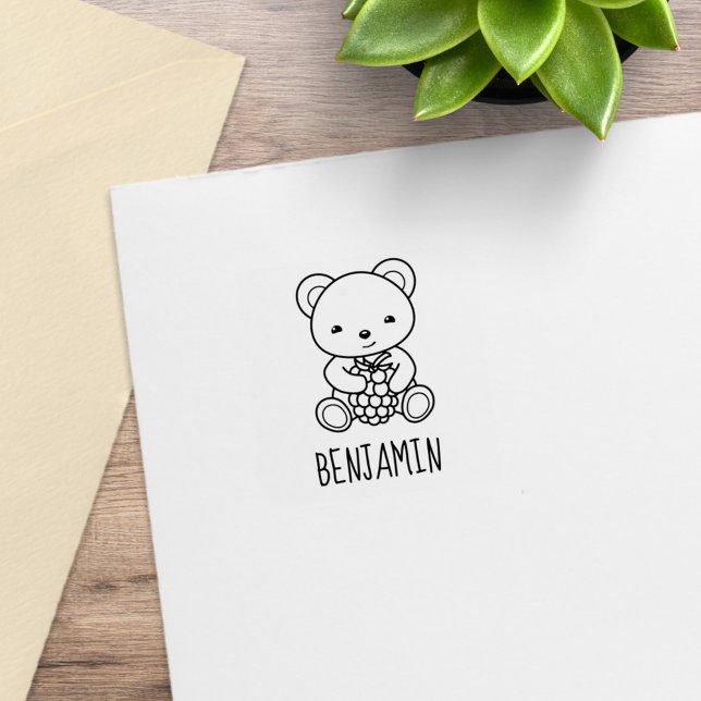 Cute Bear Holding a Berry Custom Name 1x1 Rubber Stamp (Creator Uploaded)