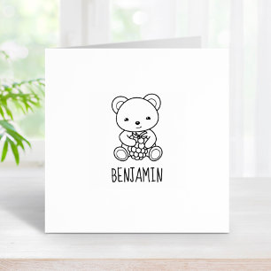 Cute Bear Holding a Berry Custom Name 1x1 Rubber Stamp