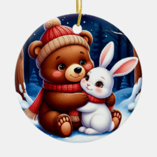 Cute Bear Holding Bunny Ceramic Ornament
