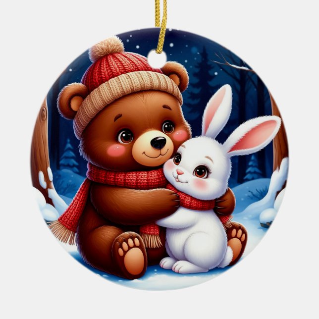Cute Bear Holding Bunny Ceramic Ornament (Front)