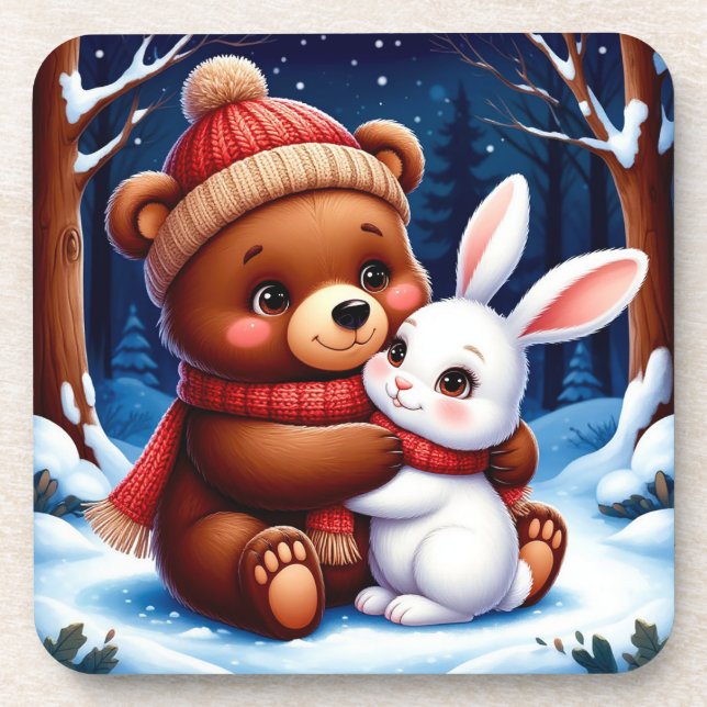 Cute Bear Holding Bunny Coaster (Front)
