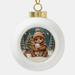 Cute Bear Holding Bunny Near Christmas Tree Ceramic Ball Christmas Ornament