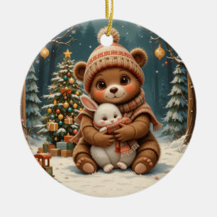 Cute Bear Holding Bunny Near Christmas Tree Ceramic Ornament