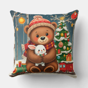 Cute Bear Holding Bunny Near Christmas Tree Cushion