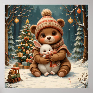 Cute Bear Holding Bunny Near Christmas Tree Poster