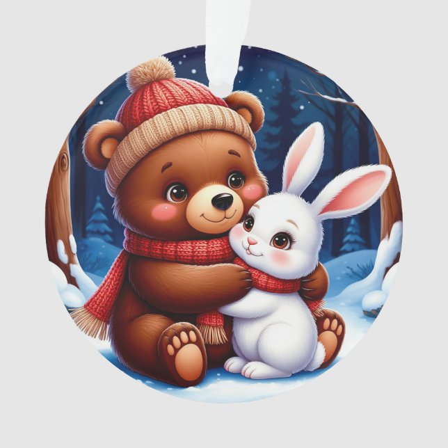 Cute Bear Holding Bunny Ornament (Front)