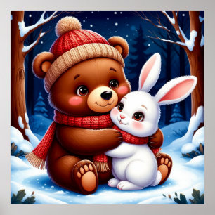 Cute Bear Holding Bunny Poster