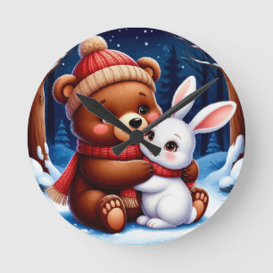 Cute Bear Holding Bunny Round Clock