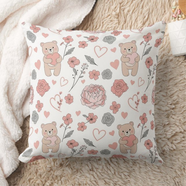 Cute Bear Holding Heart -- Pastel Nursery (13) Cushion (Blanket)