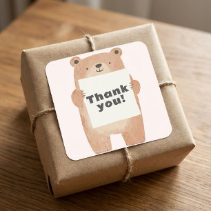 Cute Bear Holding name or message Sign pink Square Sticker