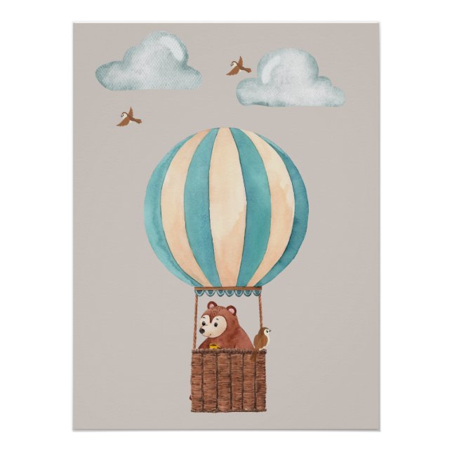 Cute Bear Hot Air Balloon Illustration Poster (Front)