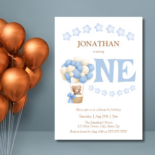 Cute Bear Hot Air Balloon Kids 1st Birthday Invitation
