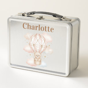 Cute Bear Hot Air Balloon Kids Name Metal Lunch Box
