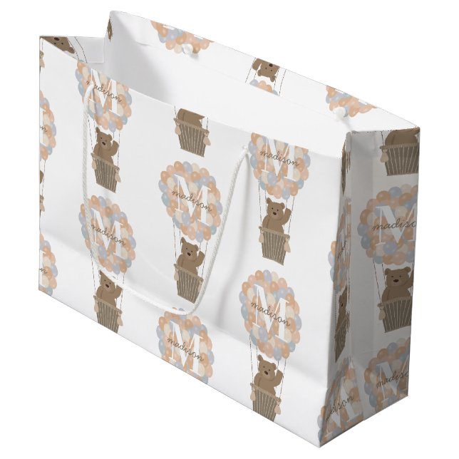 Cute Bear Hot Air Balloons Monogram Gender Neutral Large Gift Bag (Front Angled)