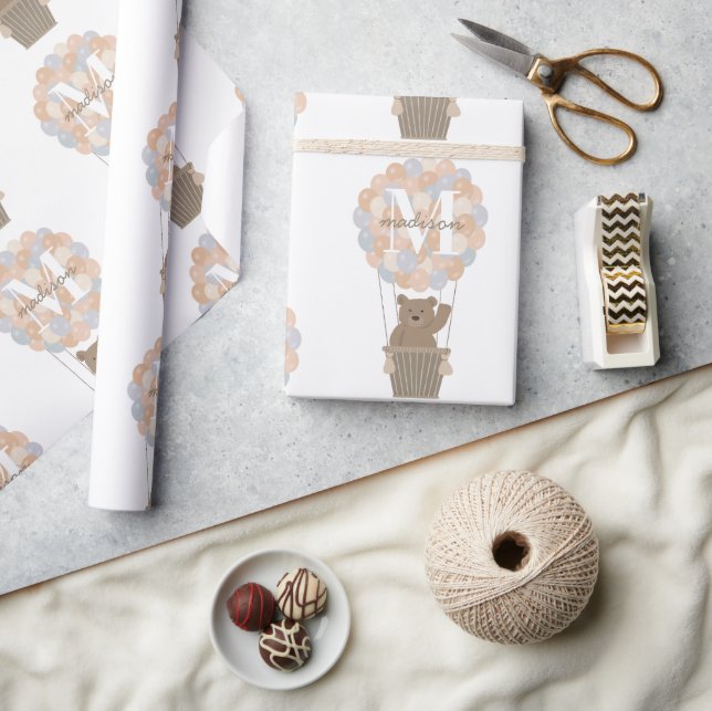 Cute Bear Hot Air Balloons Monogram Gender Neutral Wrapping Paper (Crafts)