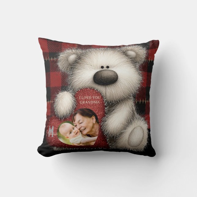 Cute Bear I Love You Grandma Custom Monogram Photo Cushion (Front)