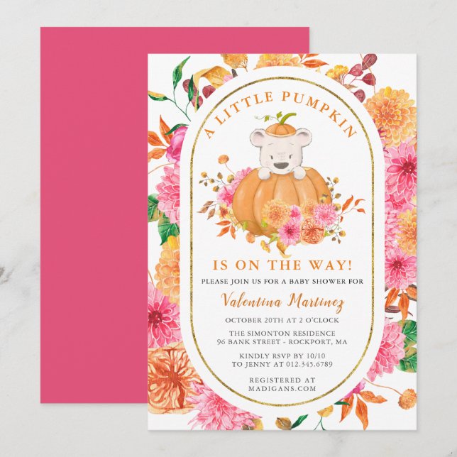 Cute Bear in a Pumpkin Girl Fall Baby Shower Invitation (Front/Back)