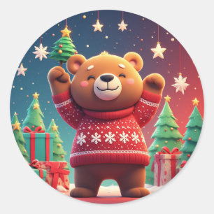 Cute Bear In Christmas Sweater Classic Round Sticker