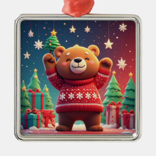 Cute Bear In Christmas Sweater Metal Ornament