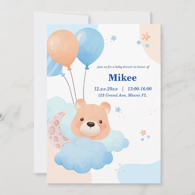 Cute Bear in Clouds Baby Shower Invitation (Front)