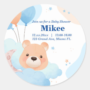 Cute Bear in Clouds Baby Shower Invitation Card Classic Round Sticker